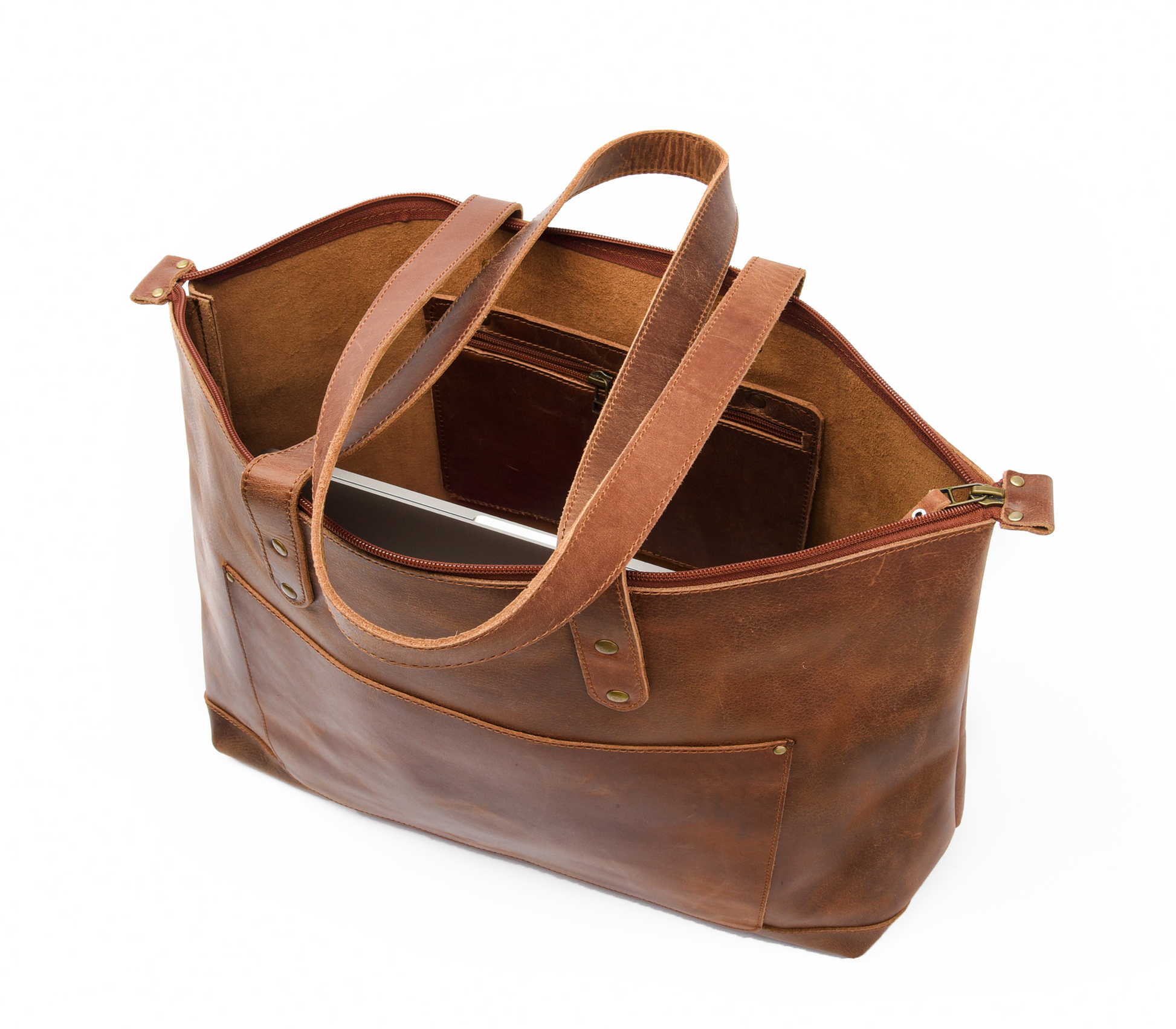 Brown leather tote outlet with zipper