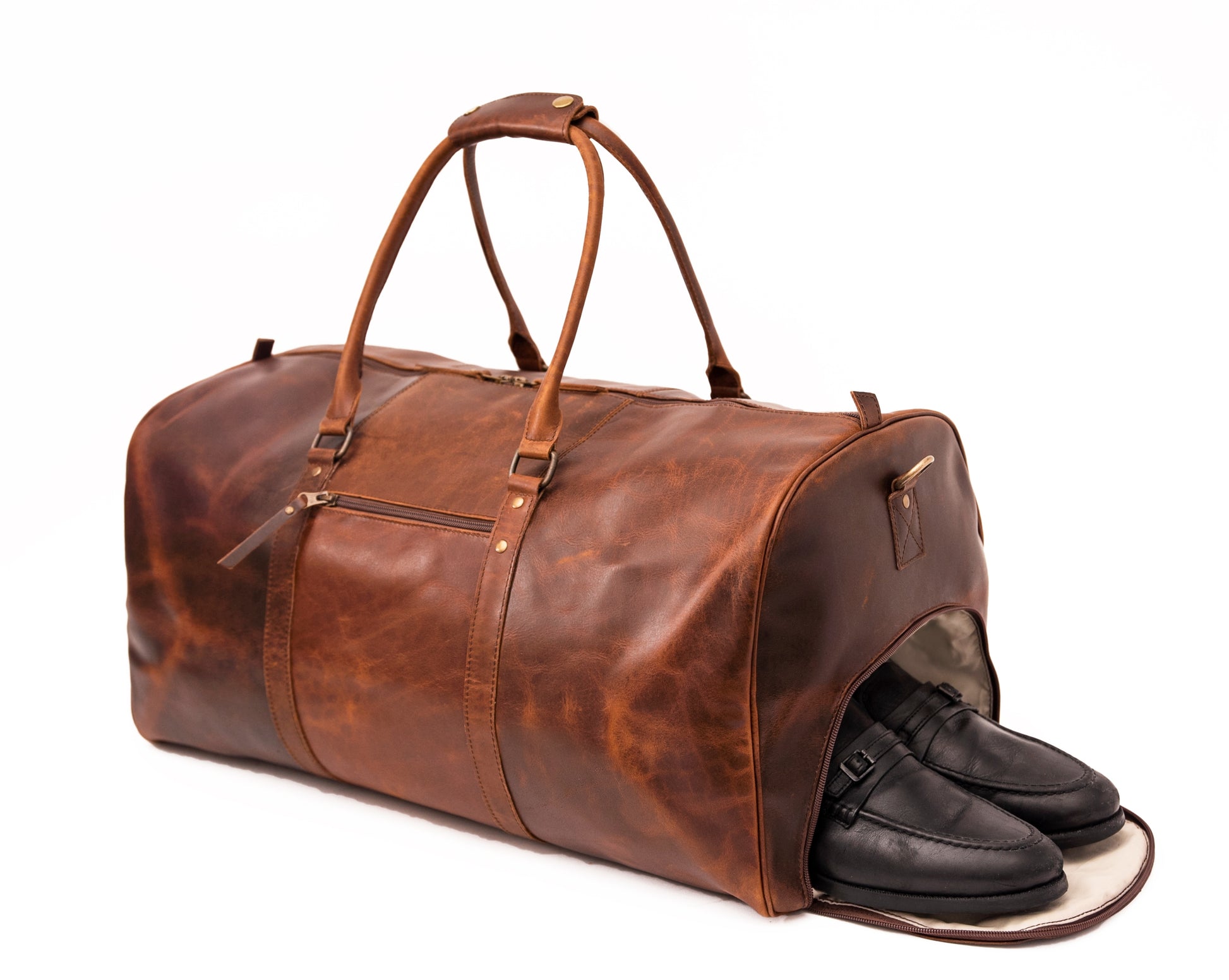 Ajax Brown Leather Duffle Bag with Shoe Compartment