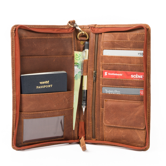 Light Brown- Zip-around Leather Passport Wallet